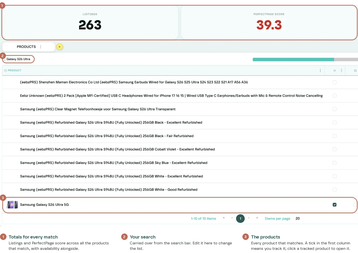The Products list for Galaxy S26 Ultra: totals for every match, the search carried over, and the matching products