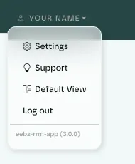 The user menu with Settings, Support, Default View and Log out