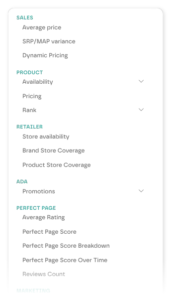 The add card menu, grouped into Sales, Product, Retailer, Ada and PerfectPage cards