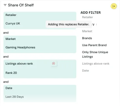 Share of Shelf settings: Retailer, Market and Date have no delete icon, Listings above rank does, and Territory shows it replaces Retailer