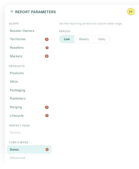 The report parameters panel, grouped into Scope, Products, PerfectPage and Time & more, with the Dates tab open