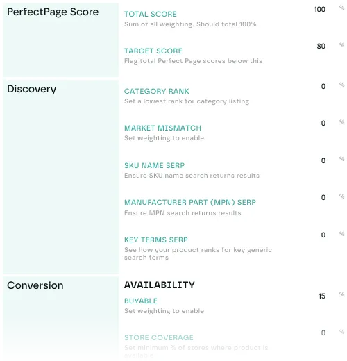 PerfectPage settings, with the total and target scores and the weight for each Discovery and Conversion parameter