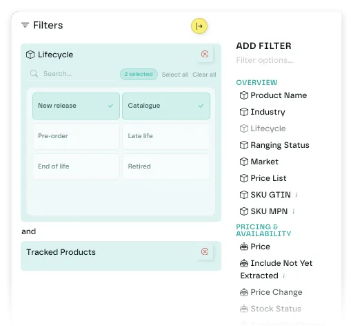 The filter panel with a Lifecycle filter set to New release and Catalogue, and the Add Filter list on the right