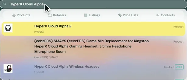 Search results for HyperX Cloud Alpha, with the Products tab at the top and a button to track the Wireless Headset, which isn't tracked yet