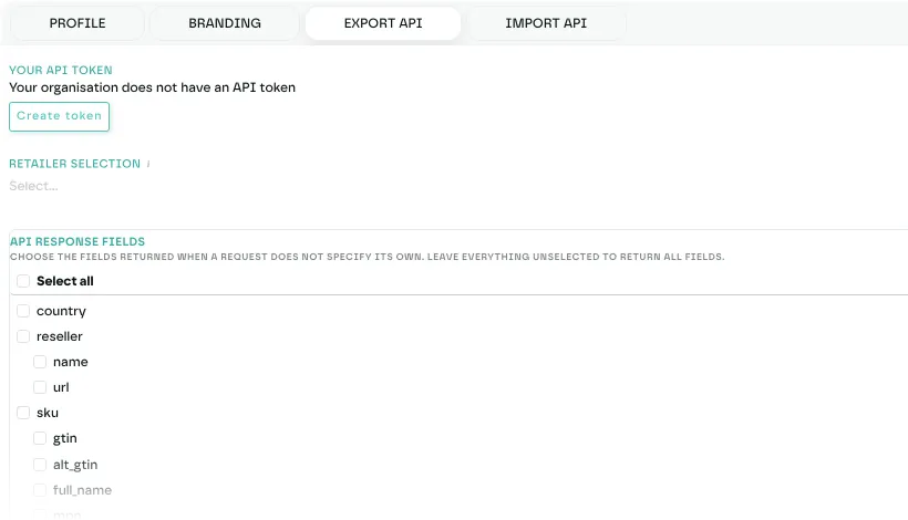 The Export API settings, with the API token, retailer selection and the default response fields