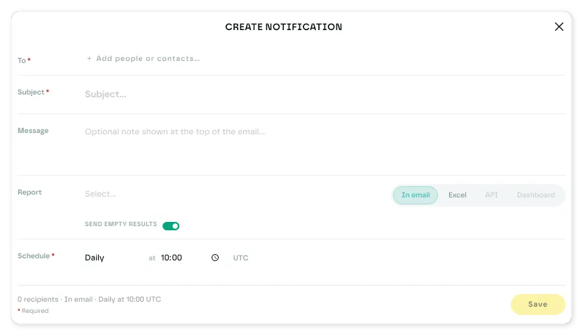 The Create Notification form, with To, Subject, Message, Report, format and Schedule fields