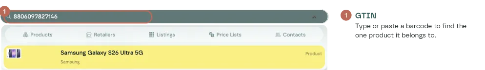 A GTIN typed into the search bar, with the one product it belongs to as the only result