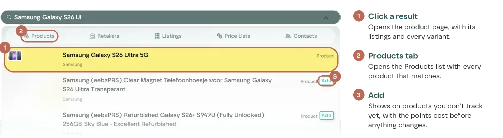 Search results for Samsung Galaxy S26 Ul: click the product to open it, the Products tab for every match, and Add on a product you don't track yet