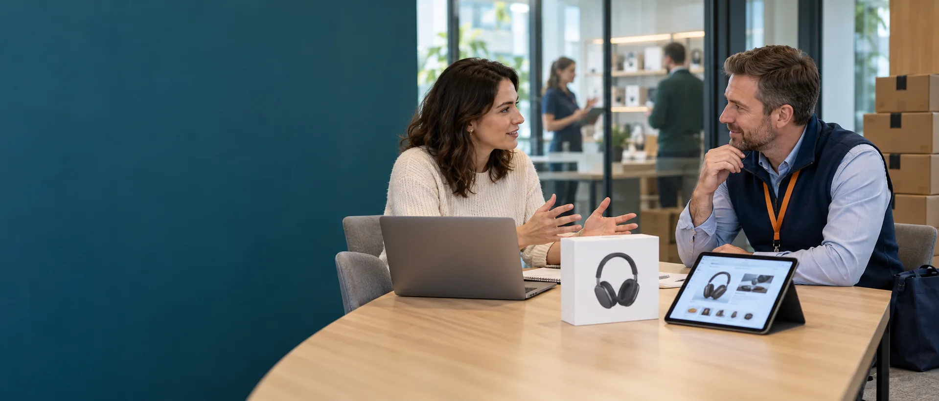 A brand's account manager and a marketplace buyer discussing a product listing
