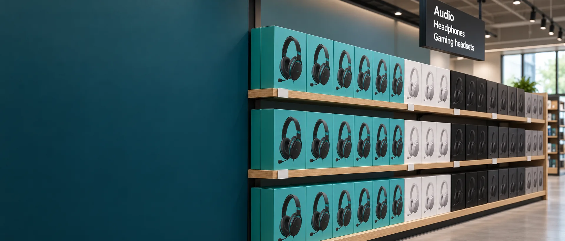 A store shelf of gaming headsets, one brand's range in teal, under an aisle sign reading Audio, Headphones, Gaming headsets