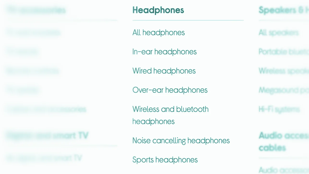 A retailer's category menu, with the headphones categories in focus