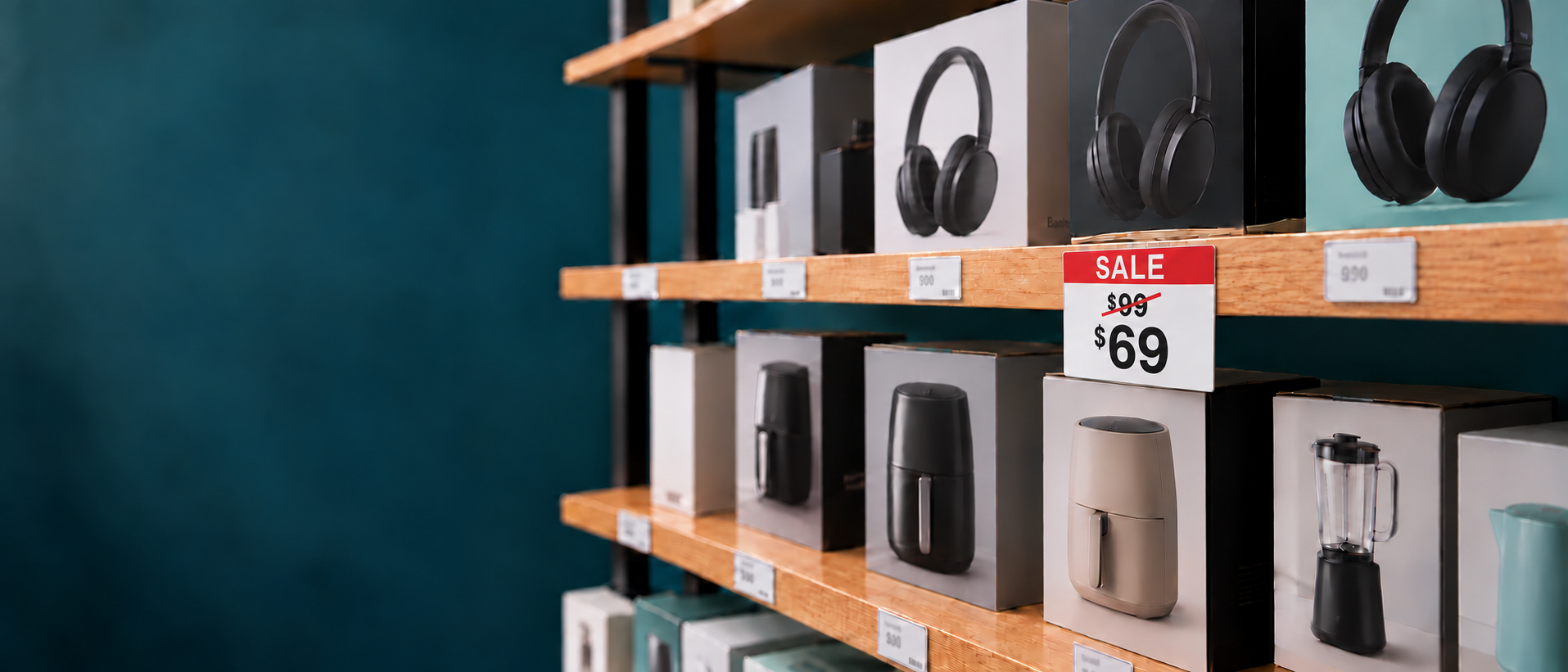 Retail shelf with sale tags