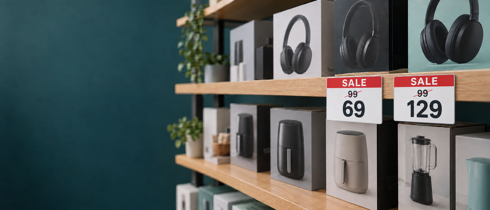 Retail shelf with sale tags