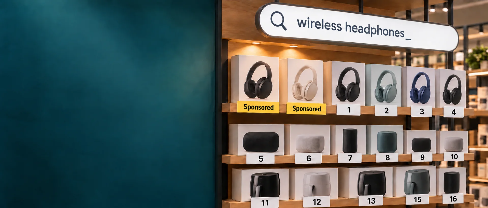 A store shelf under a search bar sign, with sponsored and ranked products